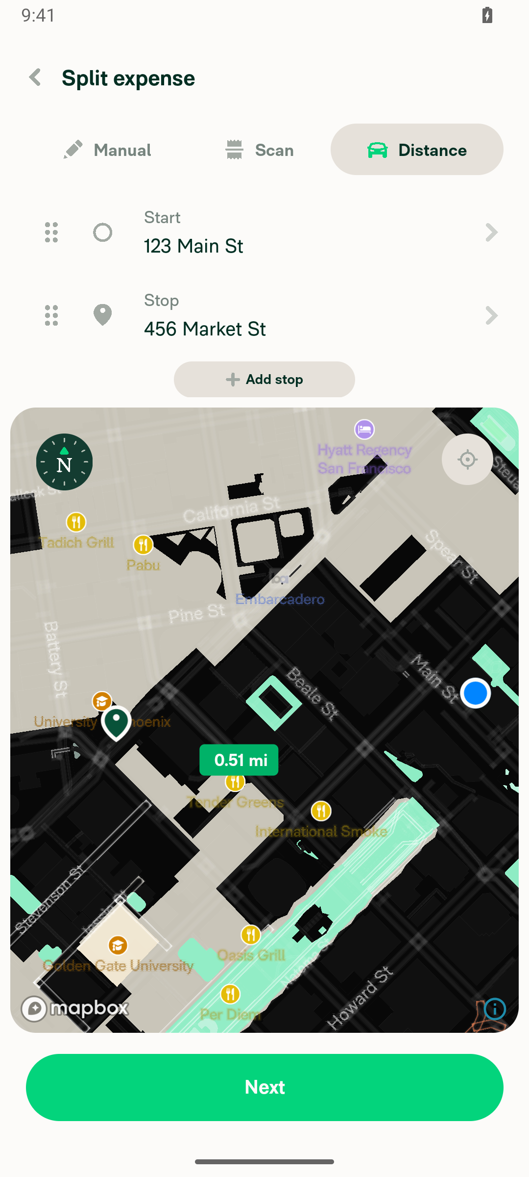 Distance route set: 0.51 mi between the two addresses