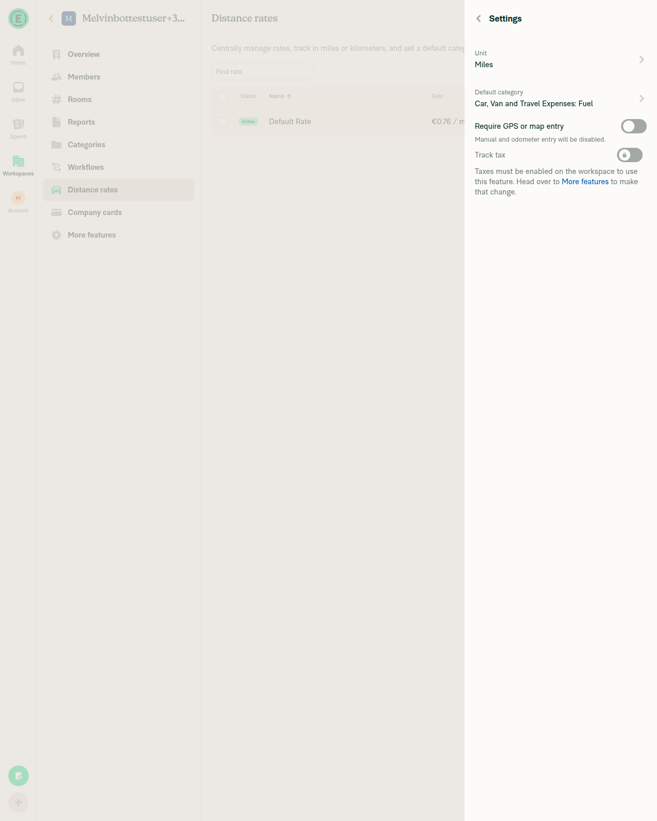 Distance rates Settings tab with Require GPS or map entry toggle