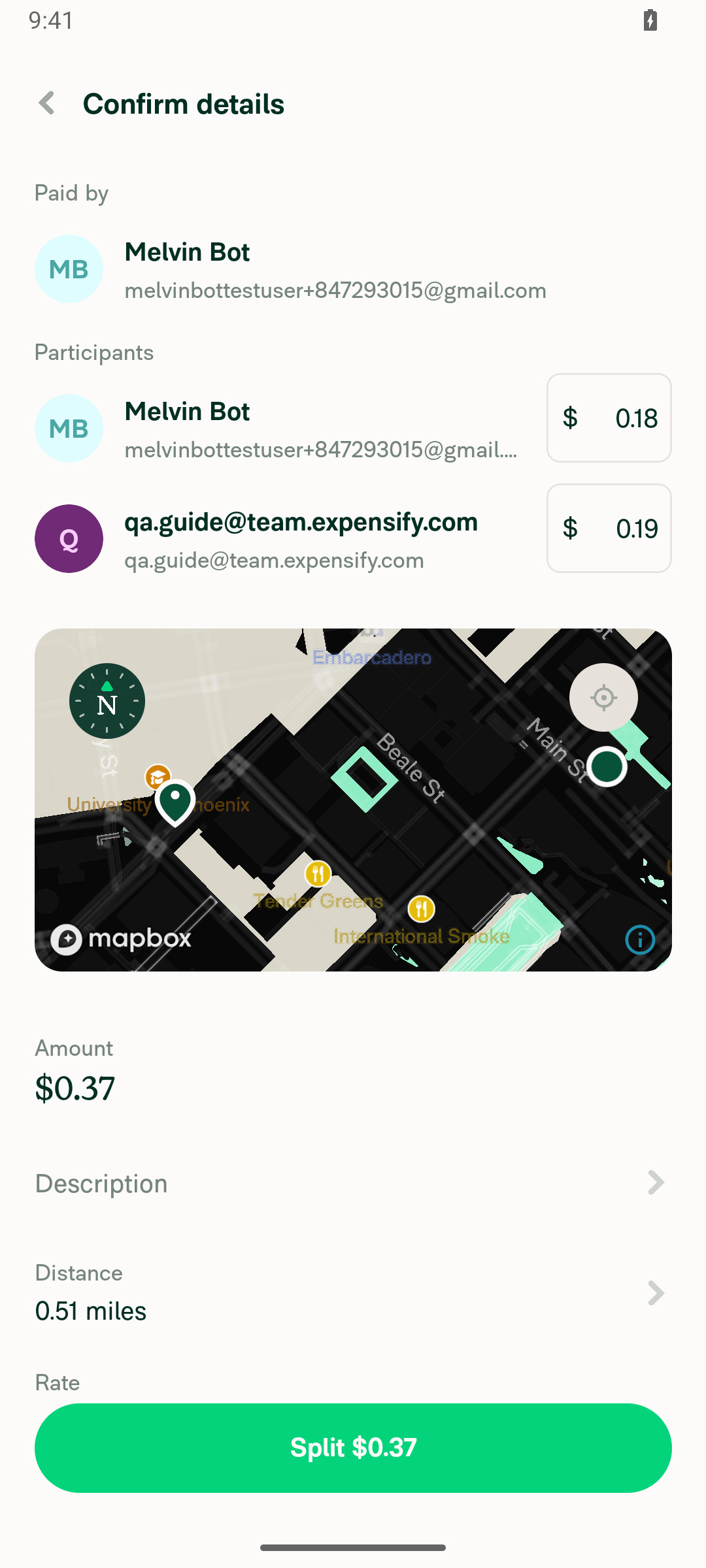Confirm split details: Melvin Bot $0.18, qa.guide $0.19