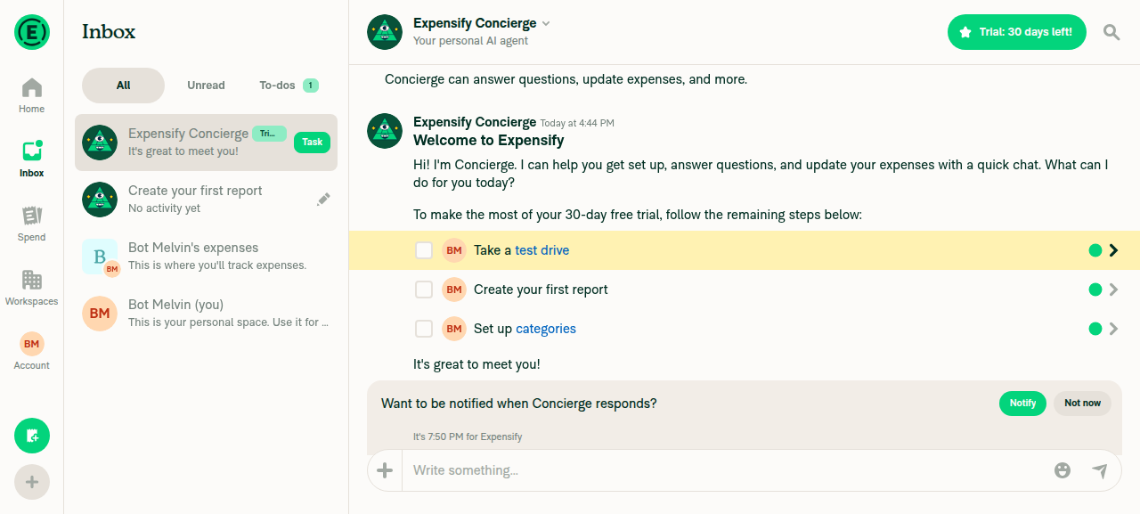 Concierge chat open from Inbox — header reads 'Expensify Concierge'