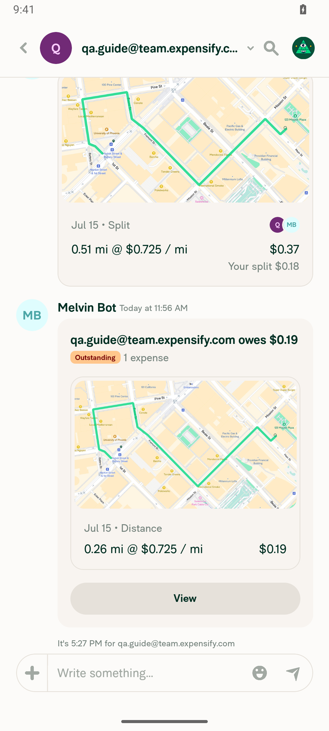 Final result in the 1:1 DM chat: split distance expense created with no error