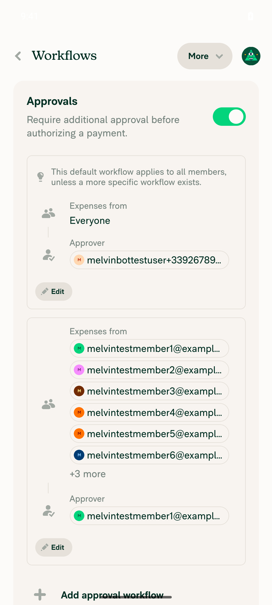 Workflows page after save, member4 restored to Expenses from list