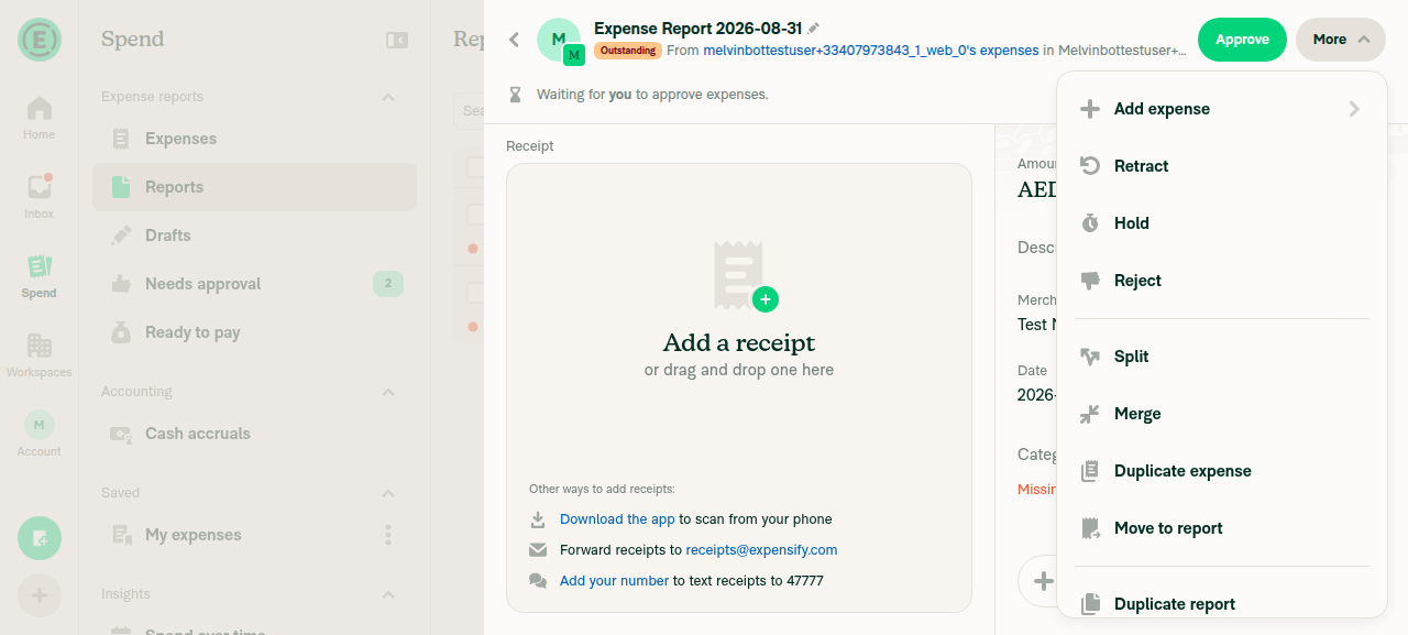More menu on the submitted single-expense report still listing Move to report