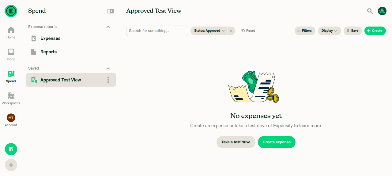 Saved view Approved Test View created with filter and custom columns