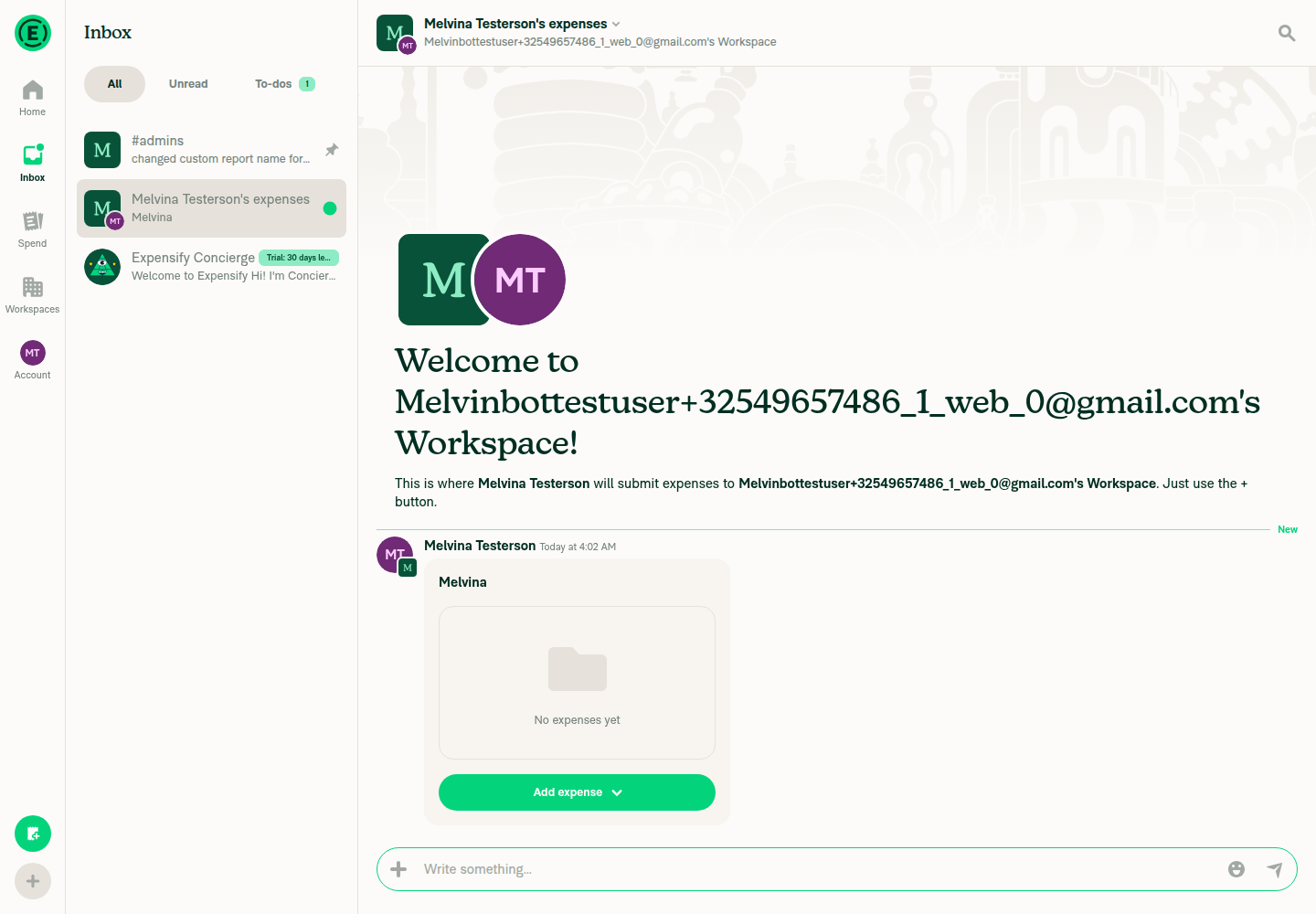 New report preview card in workspace chat titled 'Melvina' with no placeholder