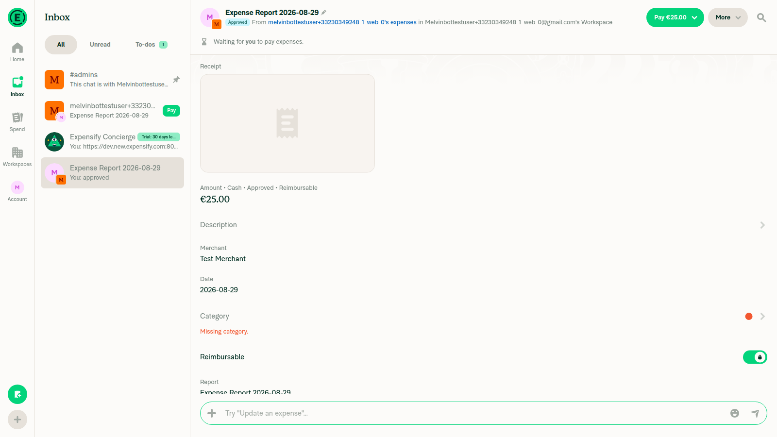 Transaction thread entry point redirects to the full Expense Report view