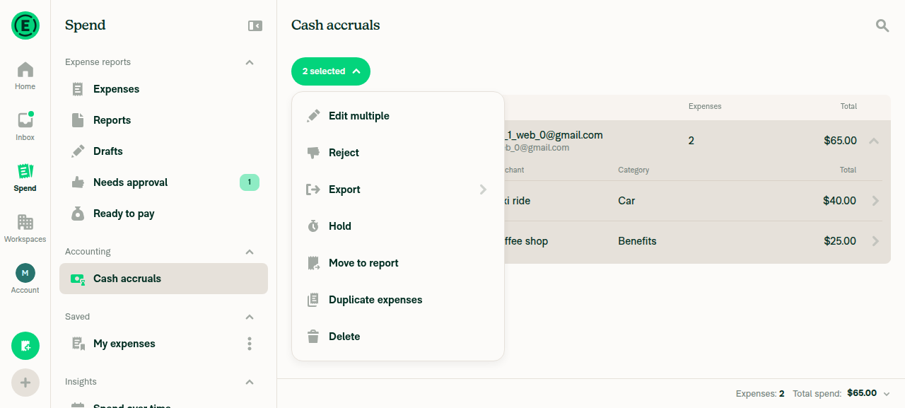 '2 selected' dropdown open with Export submenu item