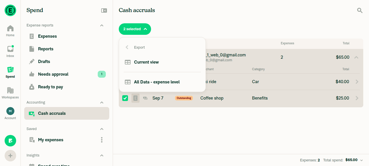 Export submenu listing 'Current view' and 'All Data - expense level' for a group selection
