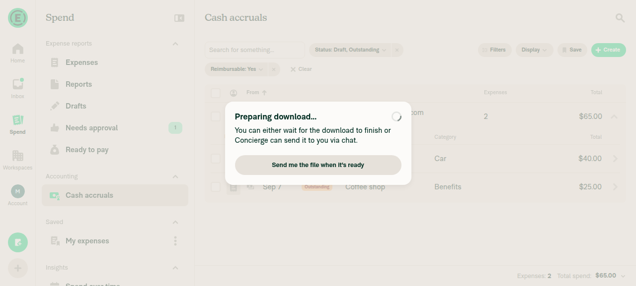 'Preparing download...' modal after picking the expense-level template