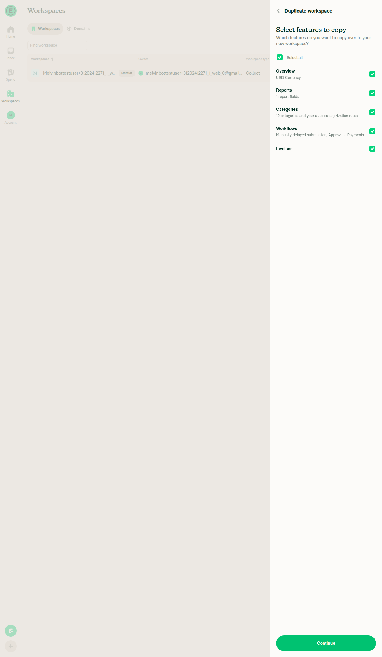 Duplicate workspace: 'select features to copy' screen — Invoices row renders correctly and is selectable