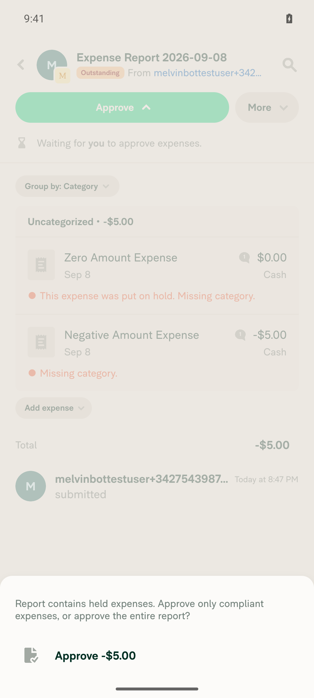Approve confirmation reached via Spend > Reports showing only 'Approve -$5.00'