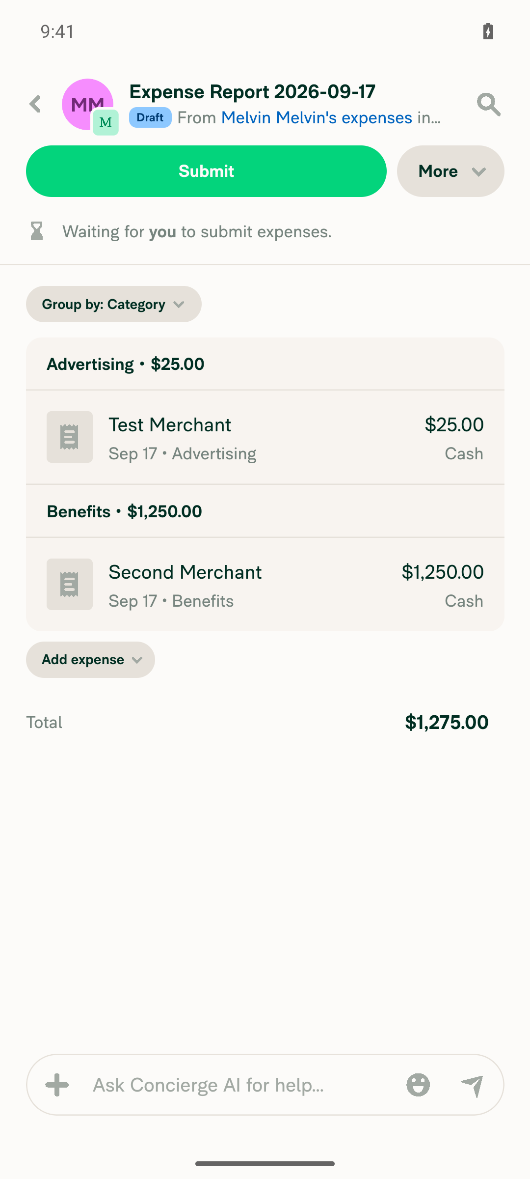 Money request report with two transaction rows