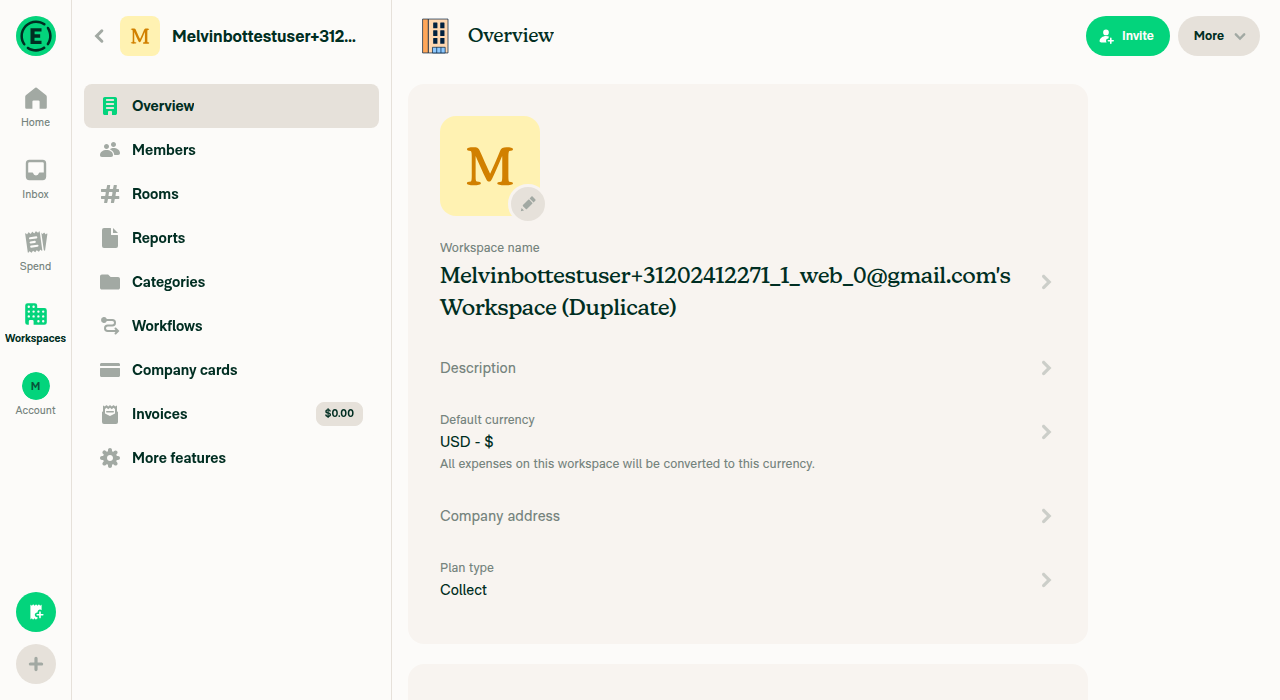Duplicated workspace created with Invoices enabled