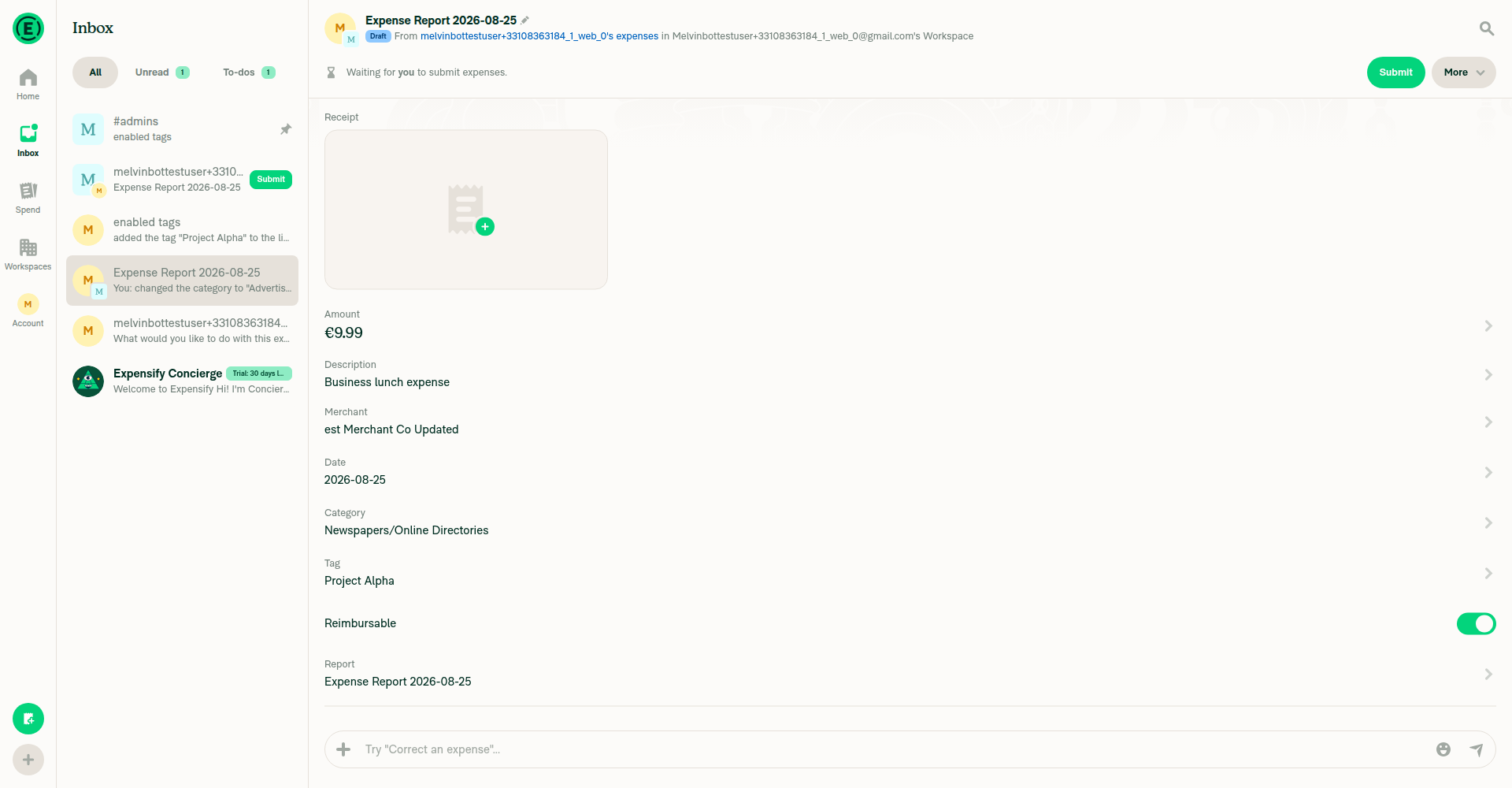Same workspace expense report opened via Inbox showing edited fields and a live Category edit