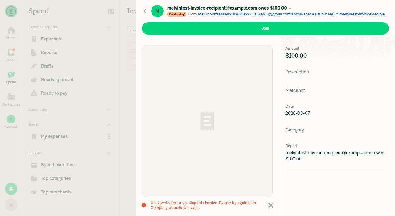 Invoice sent from the duplicated workspace showing an error in this sandbox