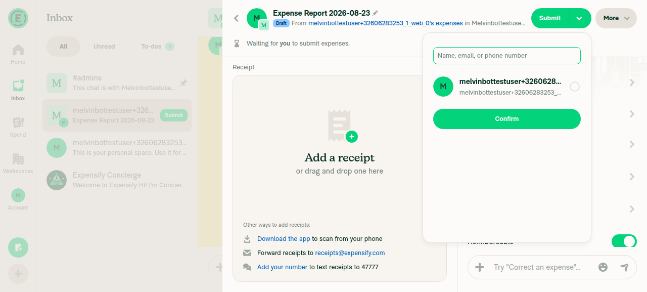Submit-to popover with the recipient list populated (1 workspace member)