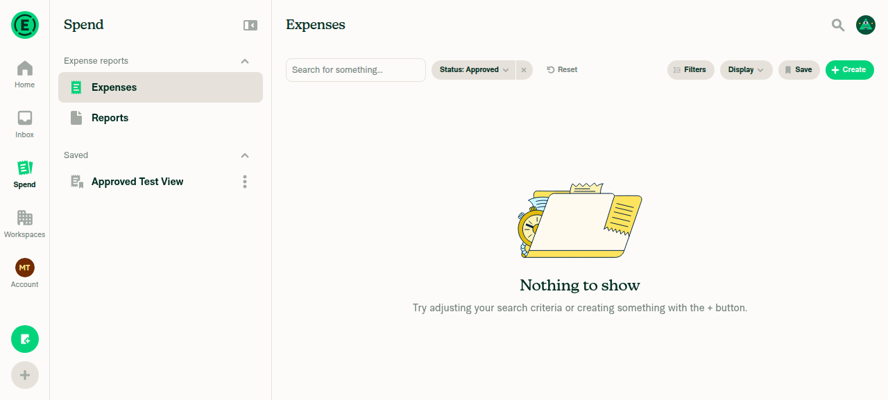 Expenses tab remembered Status Approved filter before switching to saved view