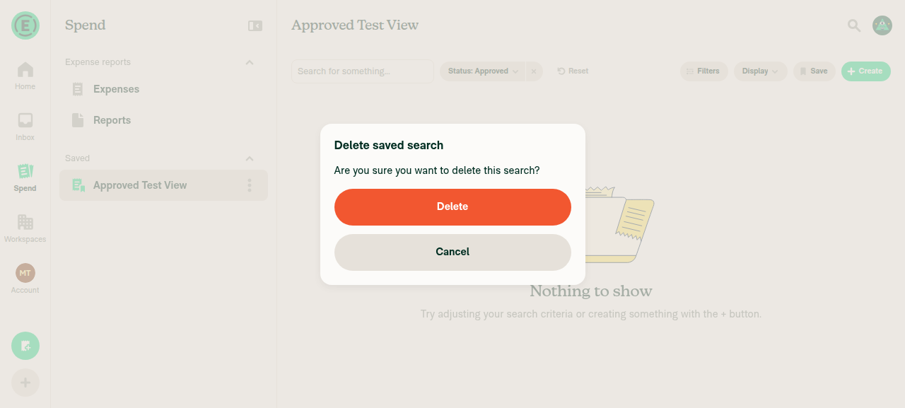 Delete saved search confirmation dialog