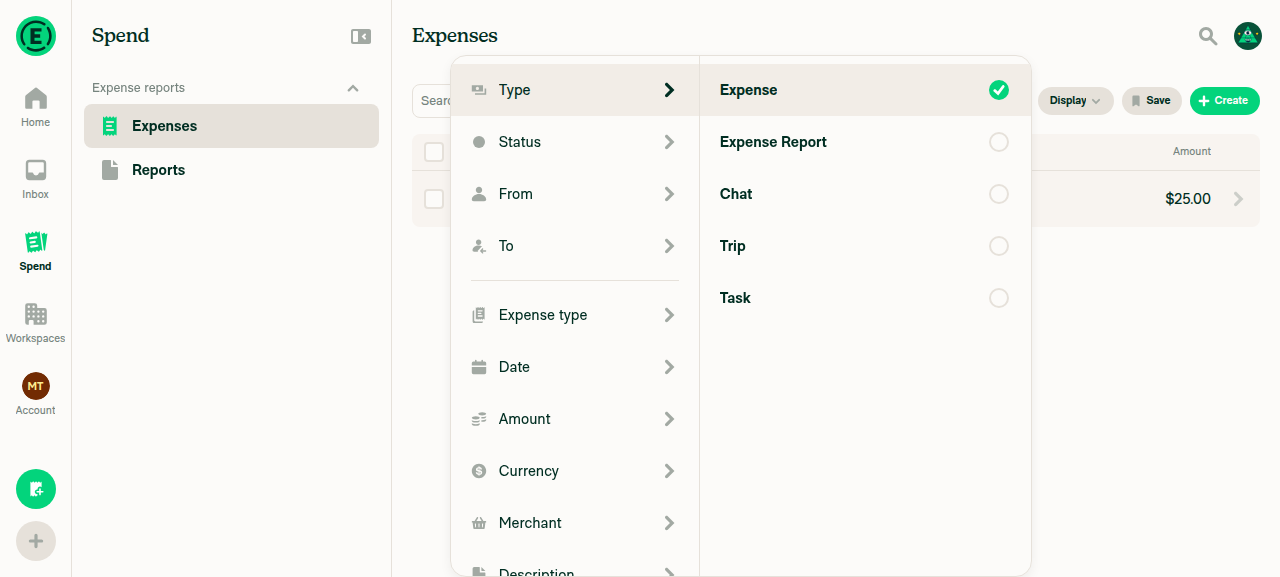 Filters dialog after delete shows only default Type Expense