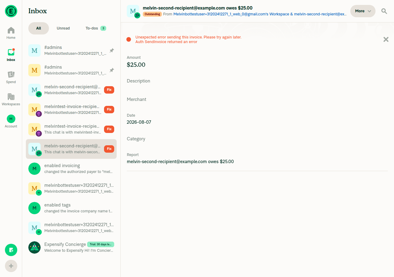 Control: invoice from the original workspace also errors in this sandbox (no real Stripe backend)