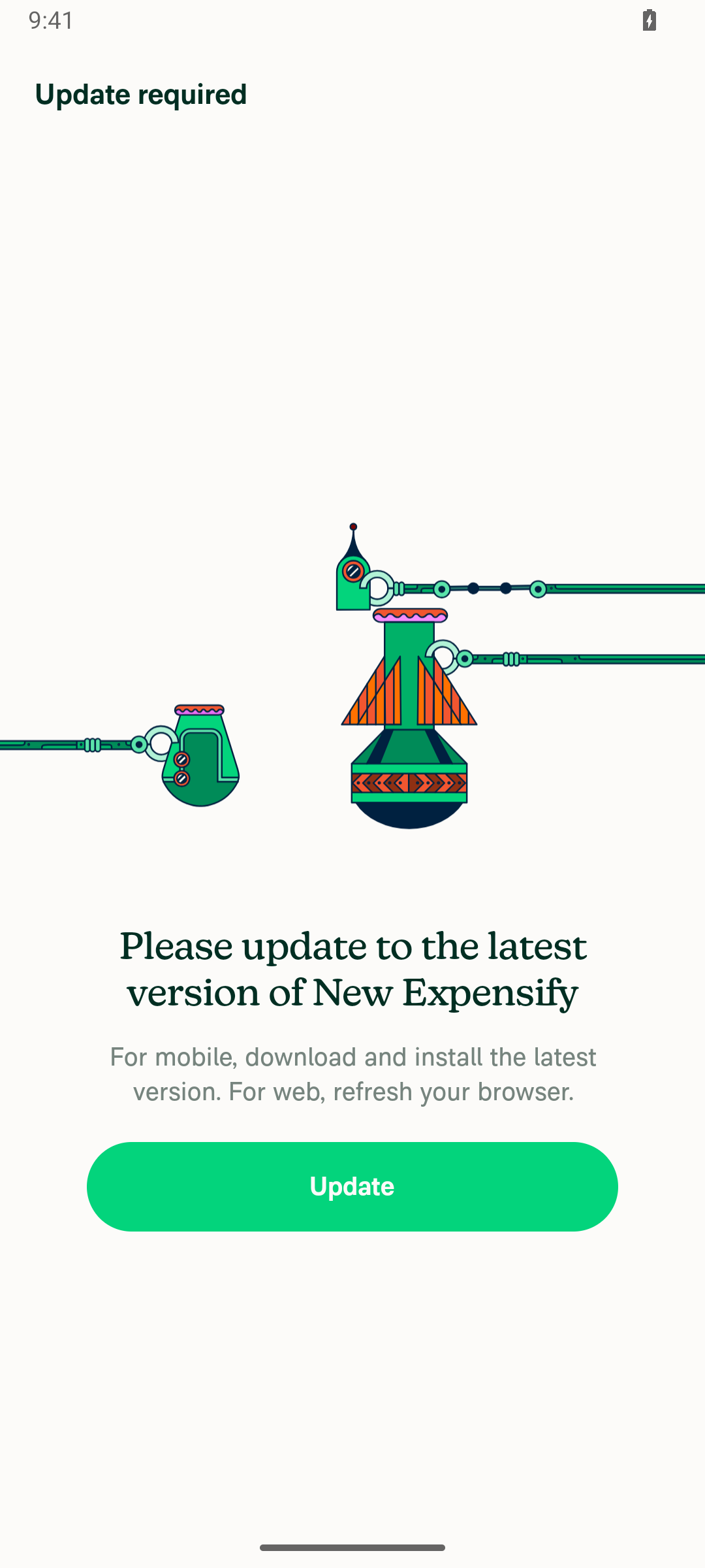 Android standalone NewDot showing the Update required wall (UPDATE_REQUIRED at Expensify.tsx:279)