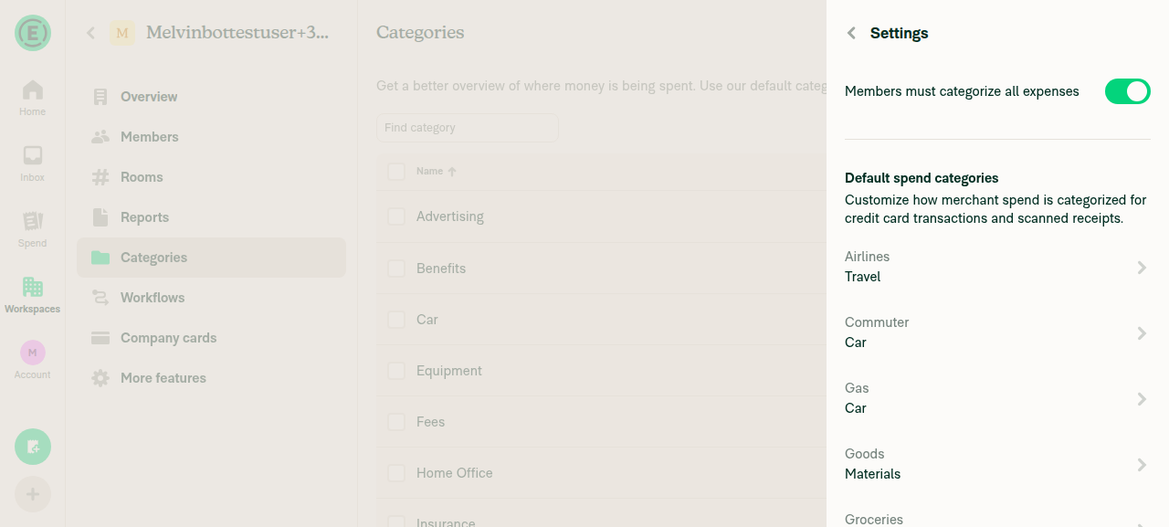 Categories Settings page with no Auto-categorize new expenses toggle