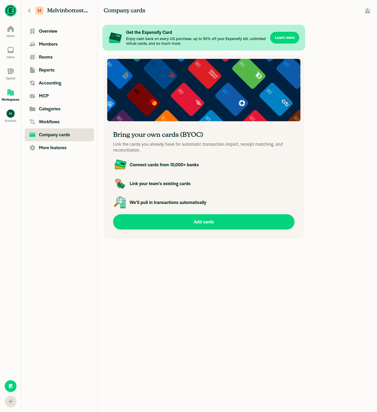 Company cards page offering only live bank connection
