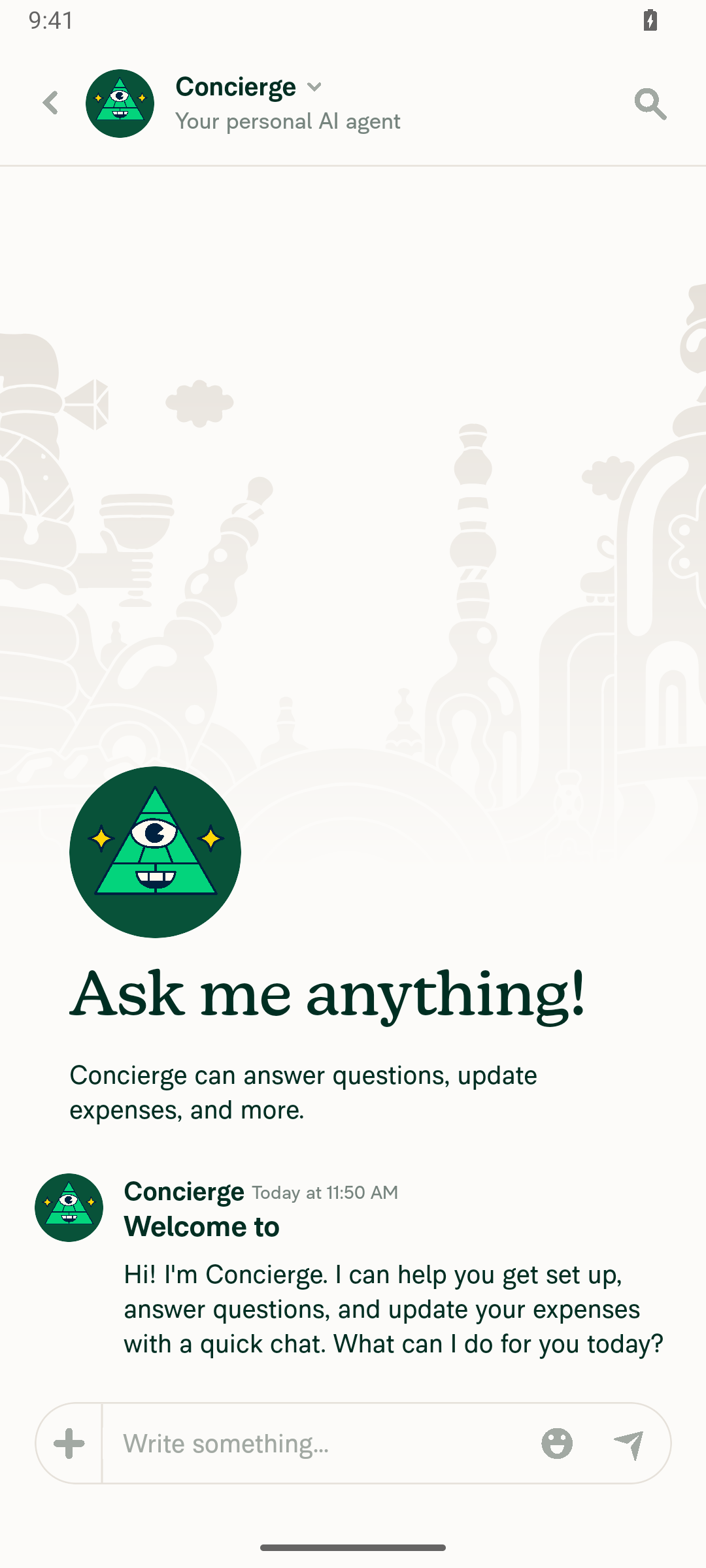 Concierge chat open showing header title 'Concierge' with avatar and subtitle 'Your personal AI agent'
