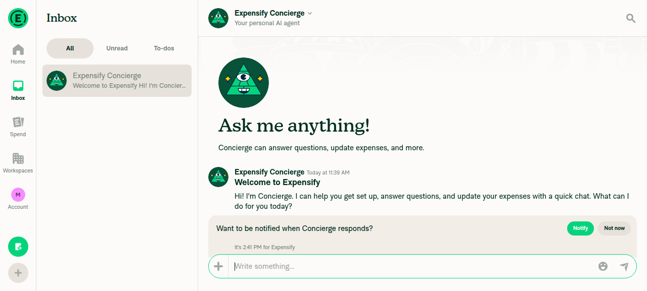 Concierge chat open showing header 'Expensify Concierge' with Inbox sidebar active