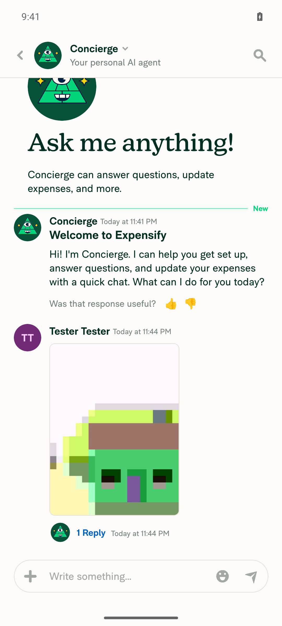 Concierge chat showing the sent image attachment thumbnail