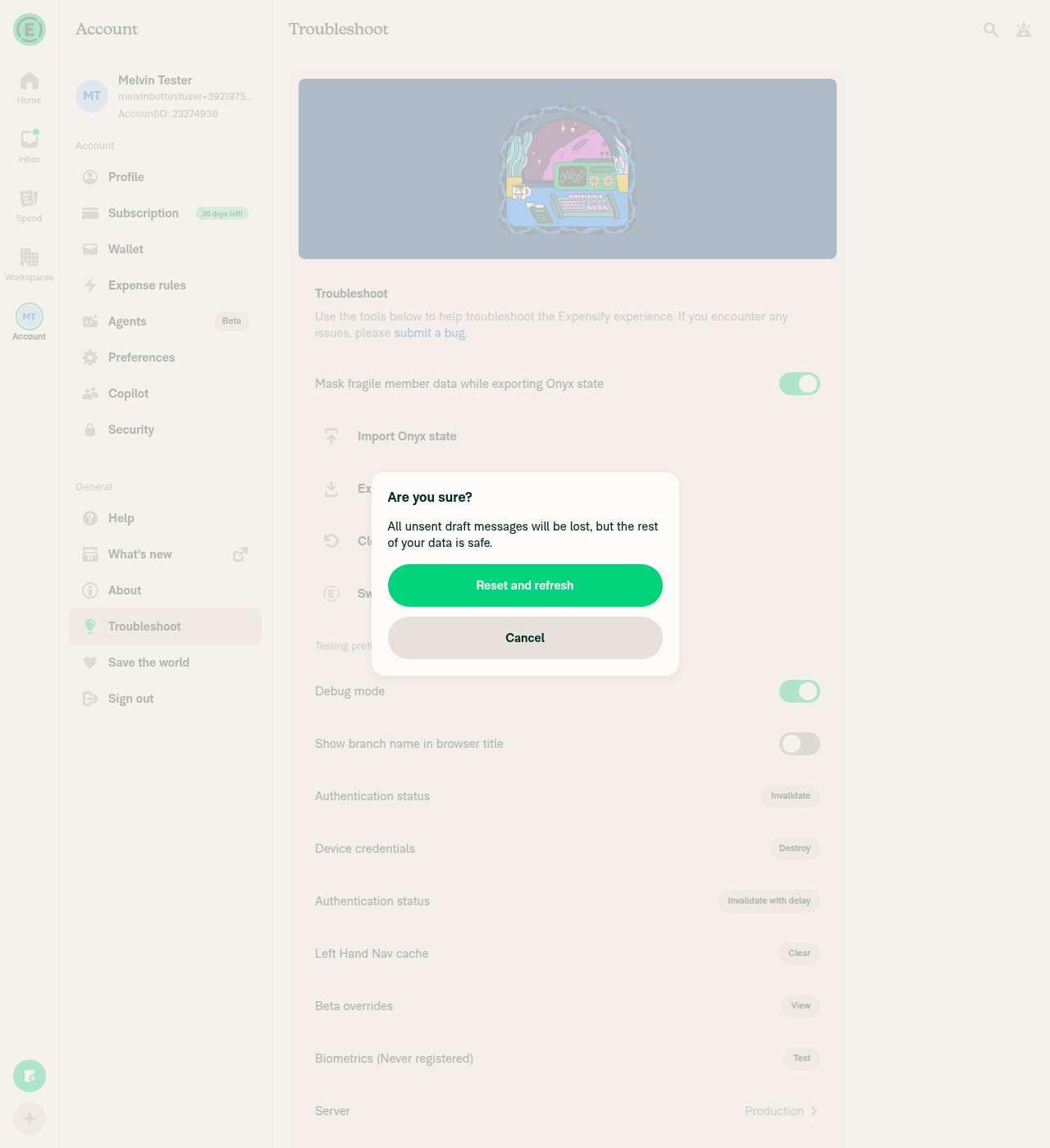 Clear cache and restart confirm modal with dimmed backdrop