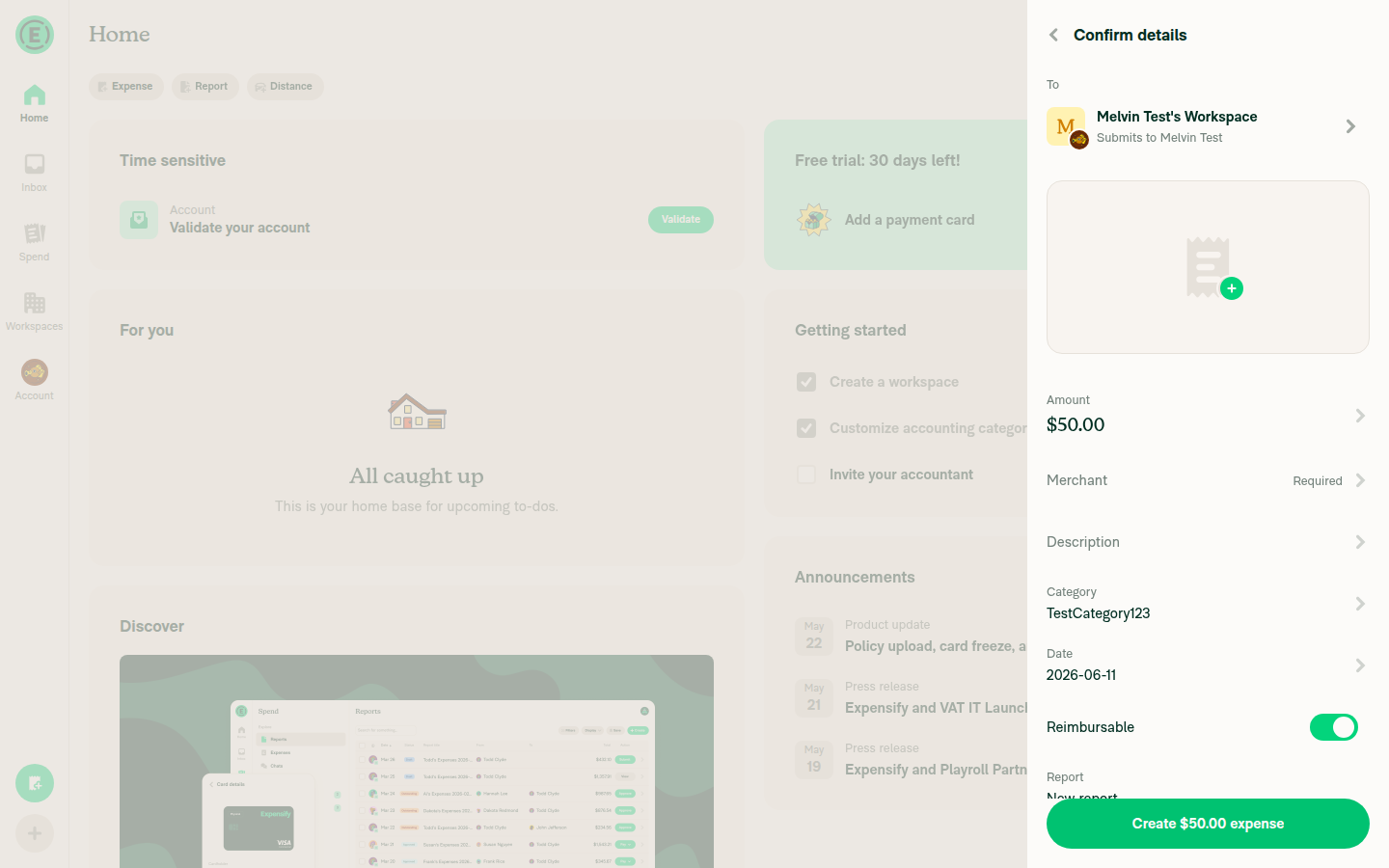 Expense confirmation page after saving new category - shows Confirm details with category pre-selected and Create expense button