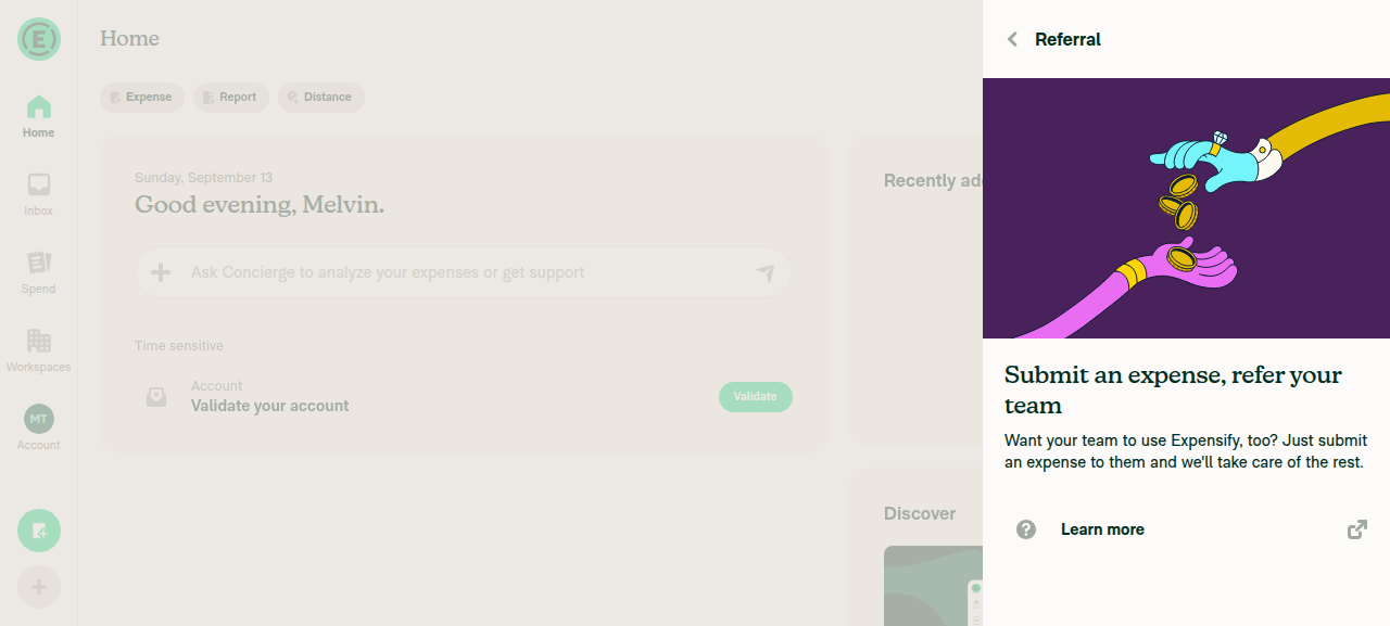 Referral promo overlay appearing over the in-progress Create Expense form
