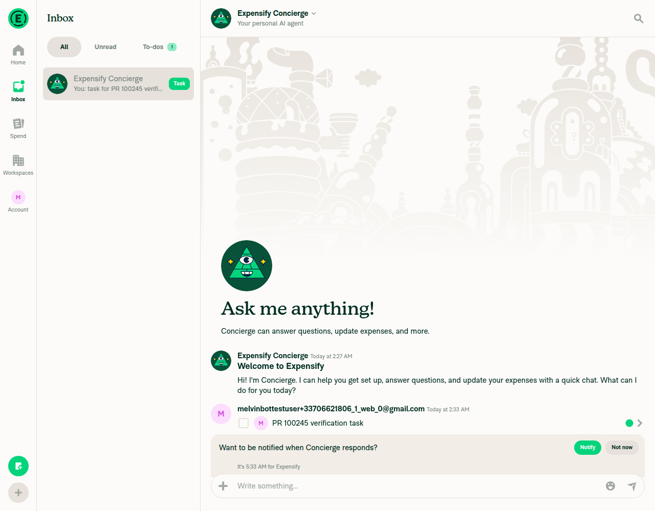 Task created and assigned, visible in Concierge chat and Inbox list
