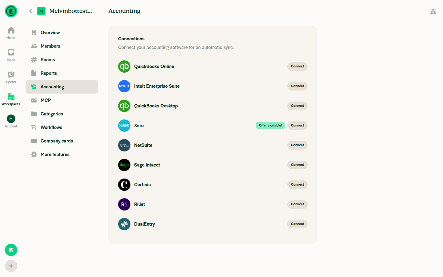 Workspace Accounting page showing QuickBooks Online as not connected