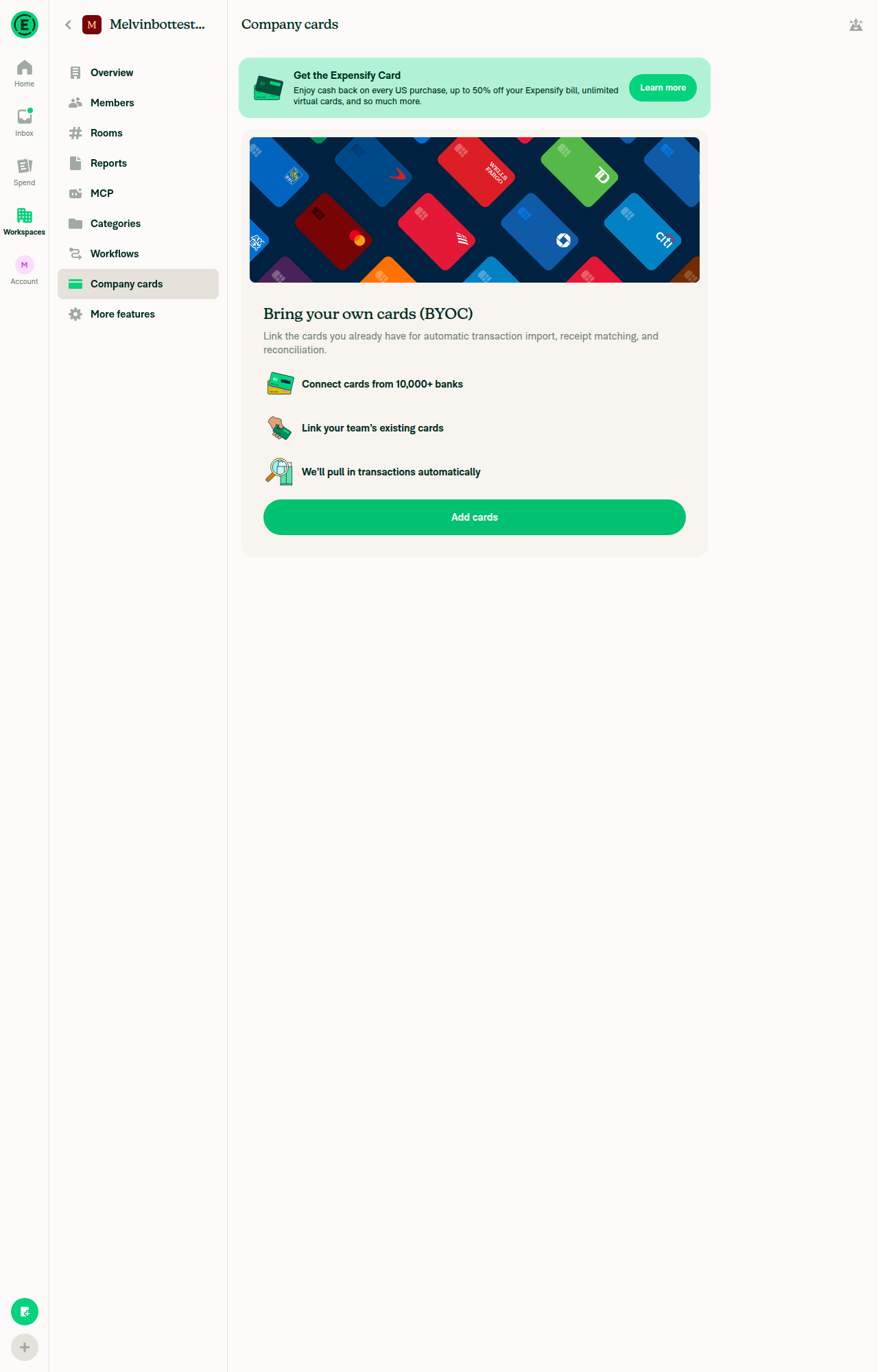 Company Cards page loaded with Add cards button