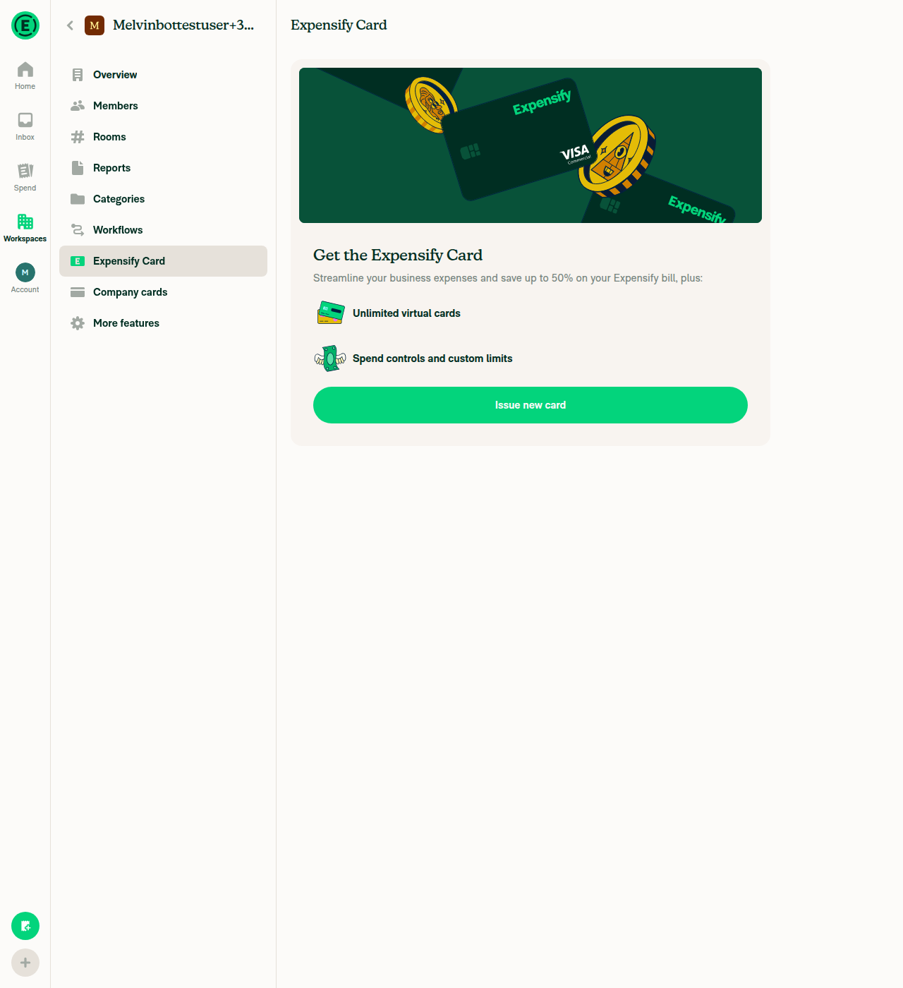Expensify Card page with only Issue new card available