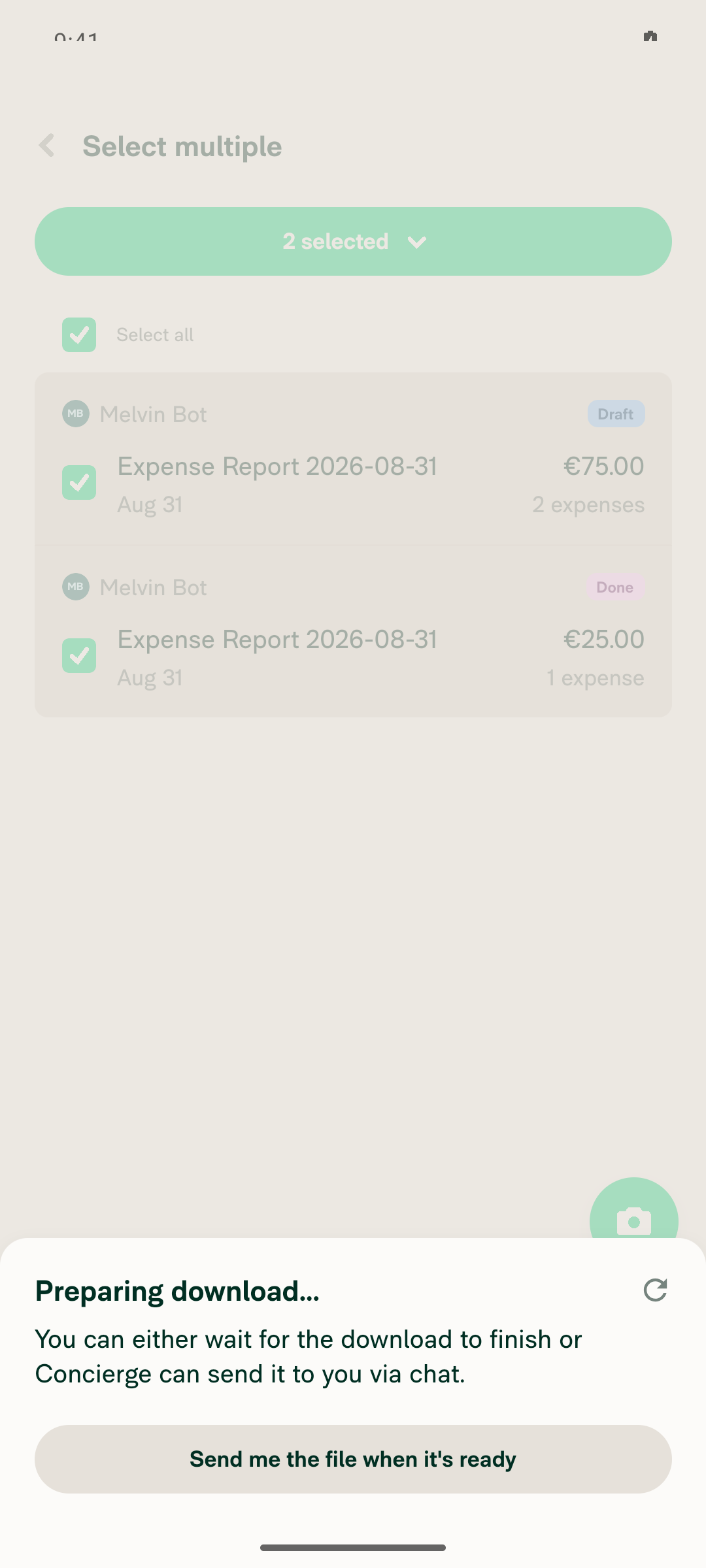 Export status modal (Preparing download...) after choosing Download as PDF on 2 selected reports, portrait