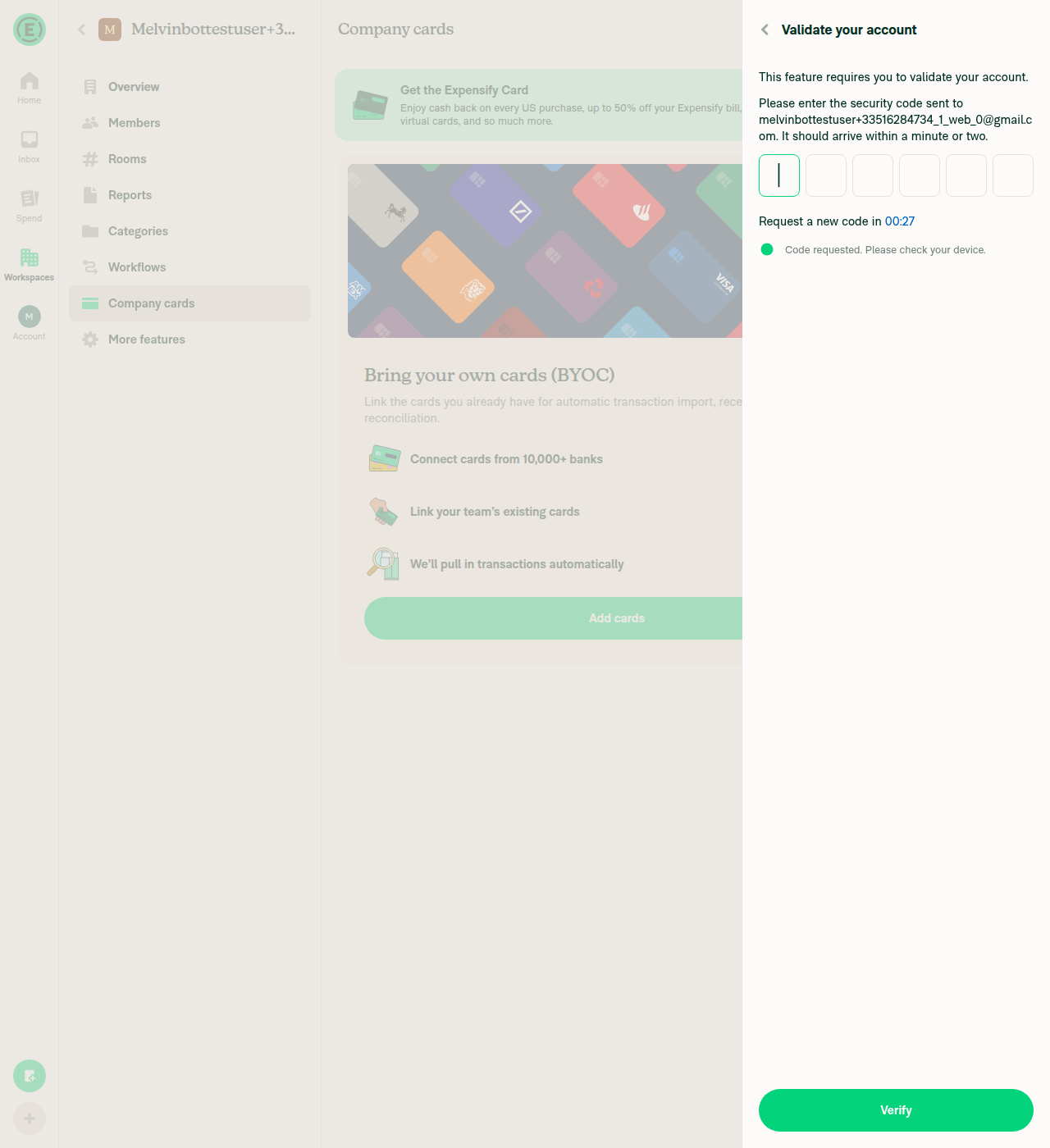 Validate your account screen blocking the Add cards flow