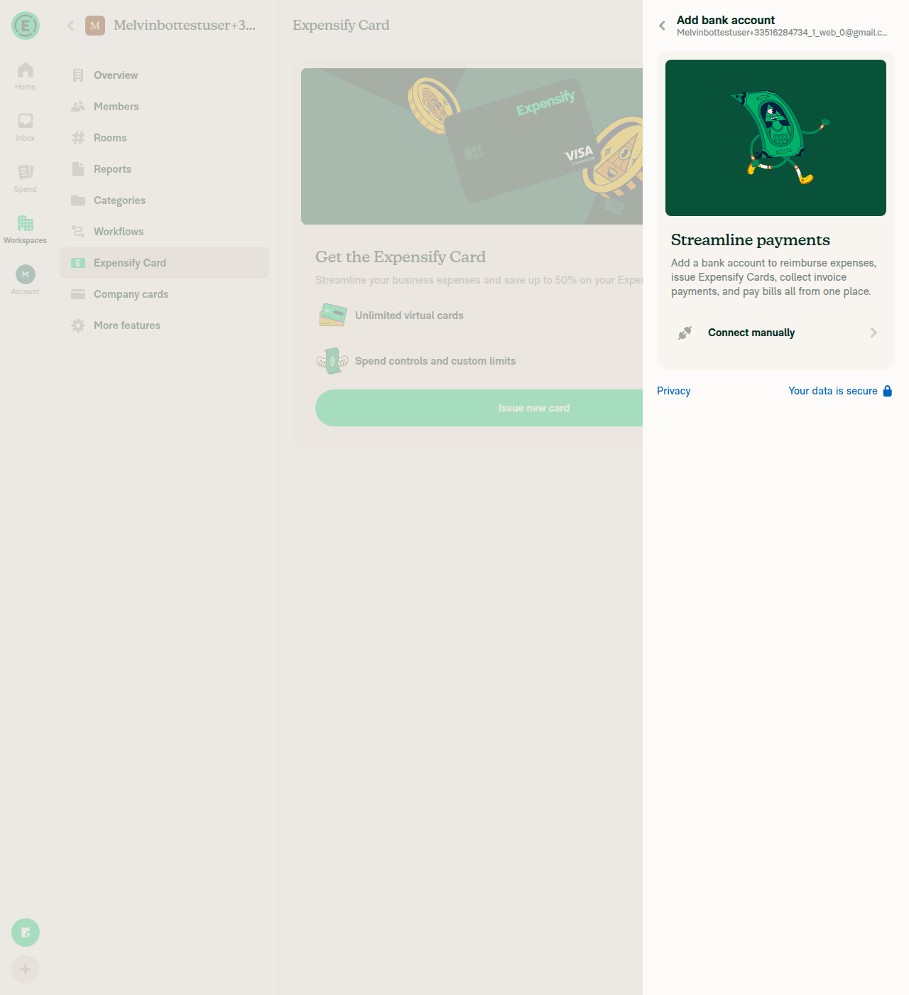 Issue new card opens Add bank account, not a feed selector
