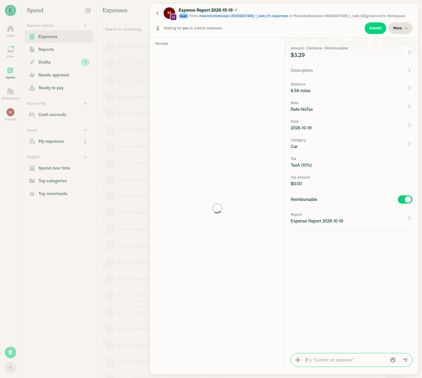 Created expense showing Tax TaxA (10%)