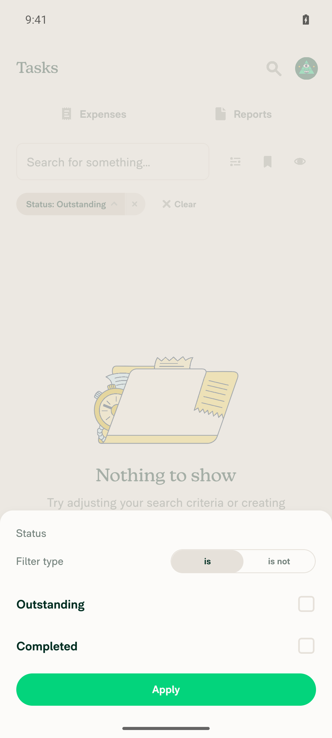 Status filter sheet with Outstanding unchecked, before selecting Completed and applying