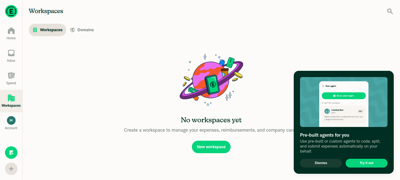 Workspaces list showing No workspaces yet