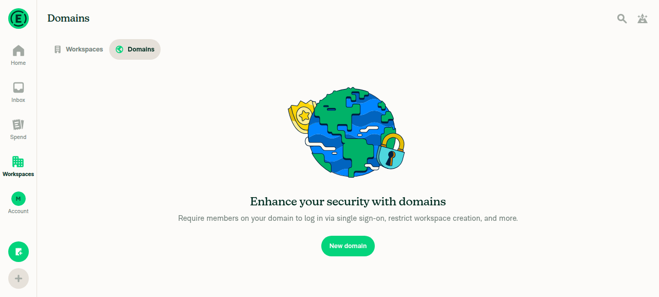 Domains tab showing no existing domain, only New domain button