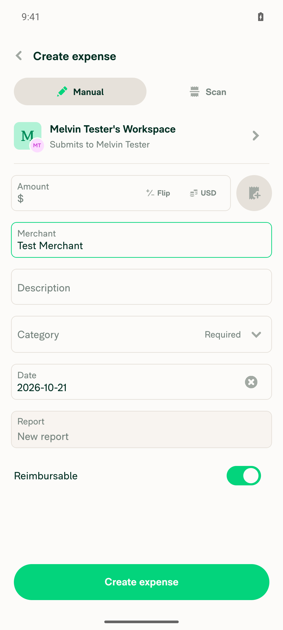 Manual expense form filled before creation