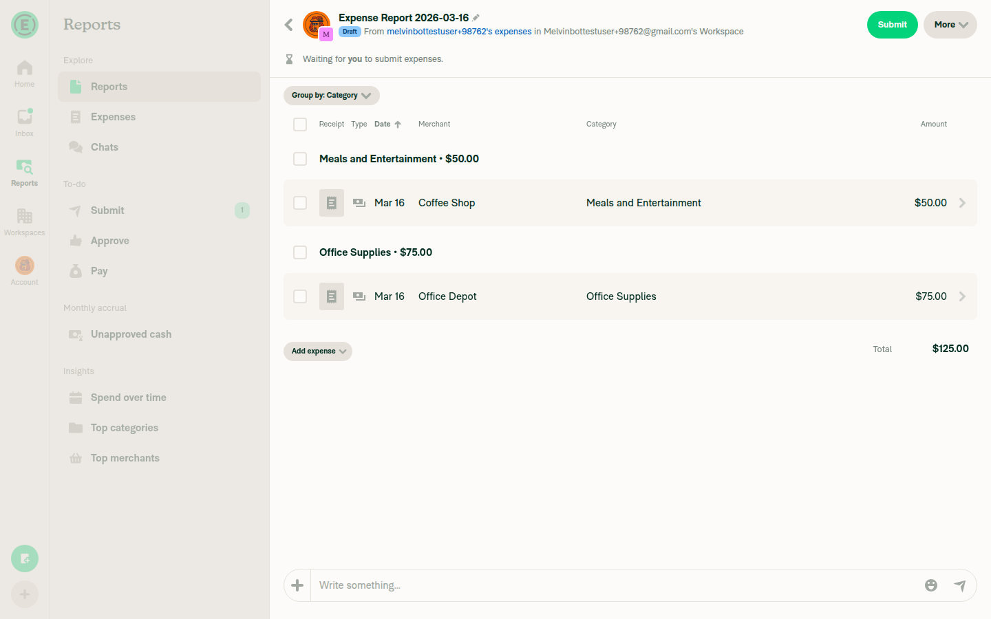 Expense report at 1440px - More button with 20px right spacing