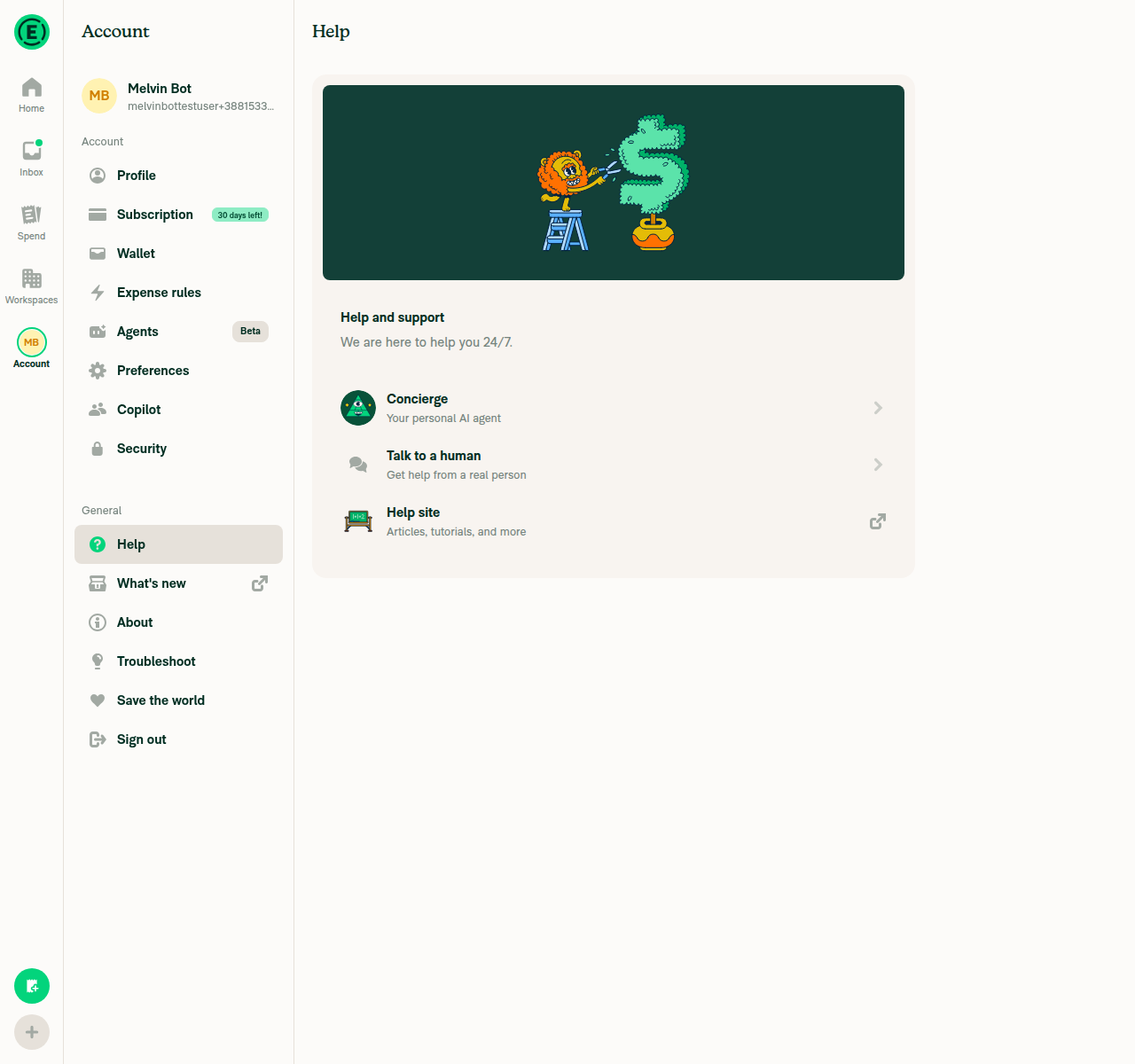 Account > Help page showing Talk to a human