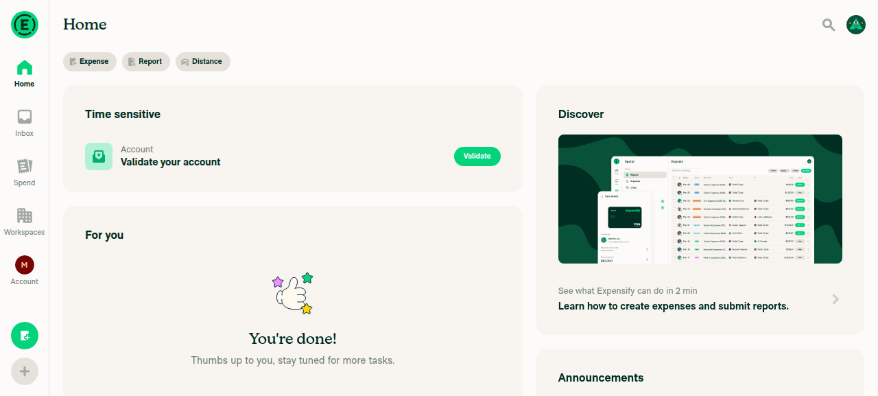 Expensify App Home screen after sign-in