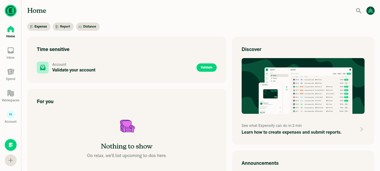 Expensify App Home screen after sign-in, showing Home heading, navigation tabs, Time sensitive section, For you section, and Discover panel