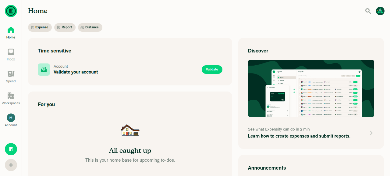 Expensify App Home screen after sign-in showing LHN navigation and Home content